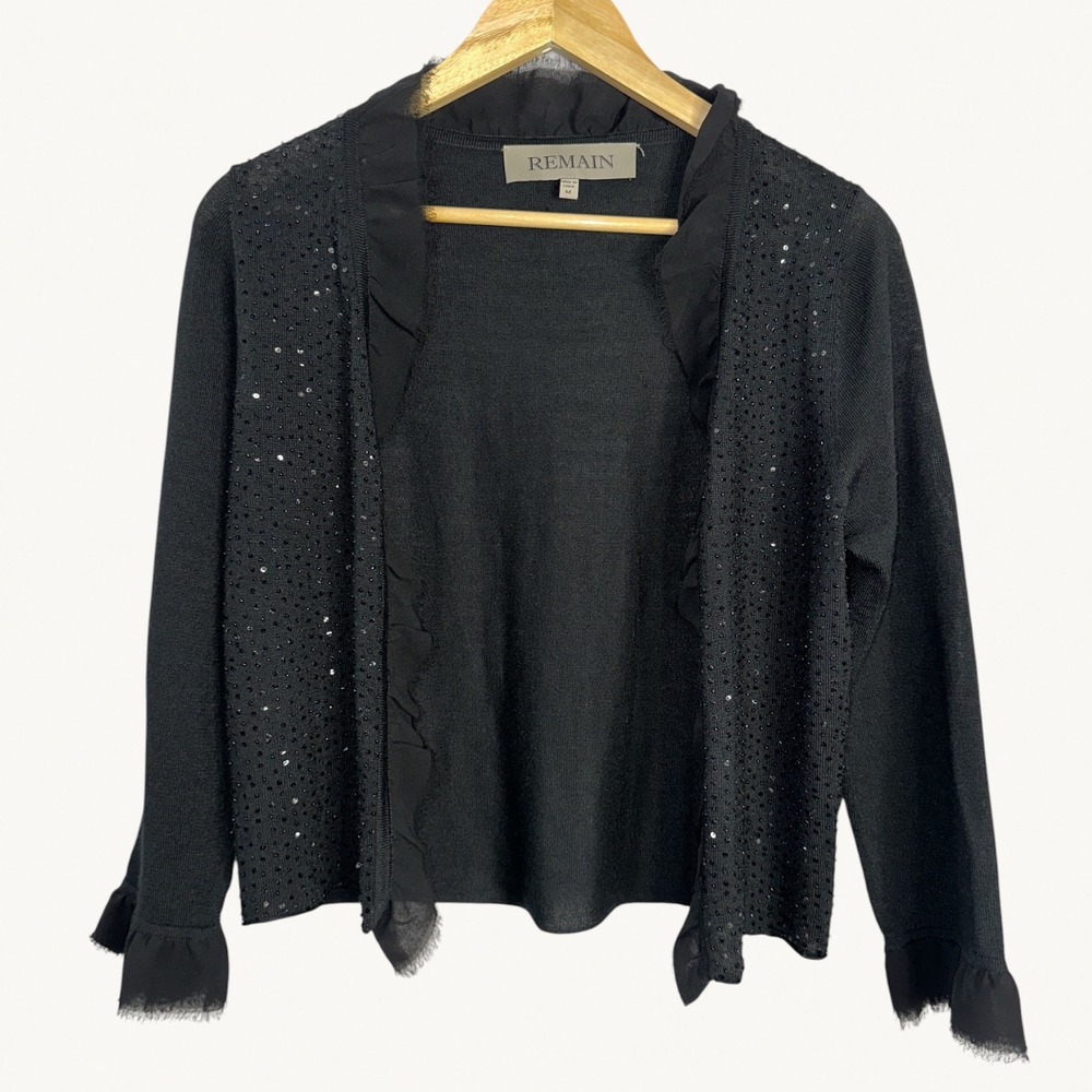 REMAIN Black Sequin Ruffle Wool Blend Open Front Cardigan Sweater Womens Medium